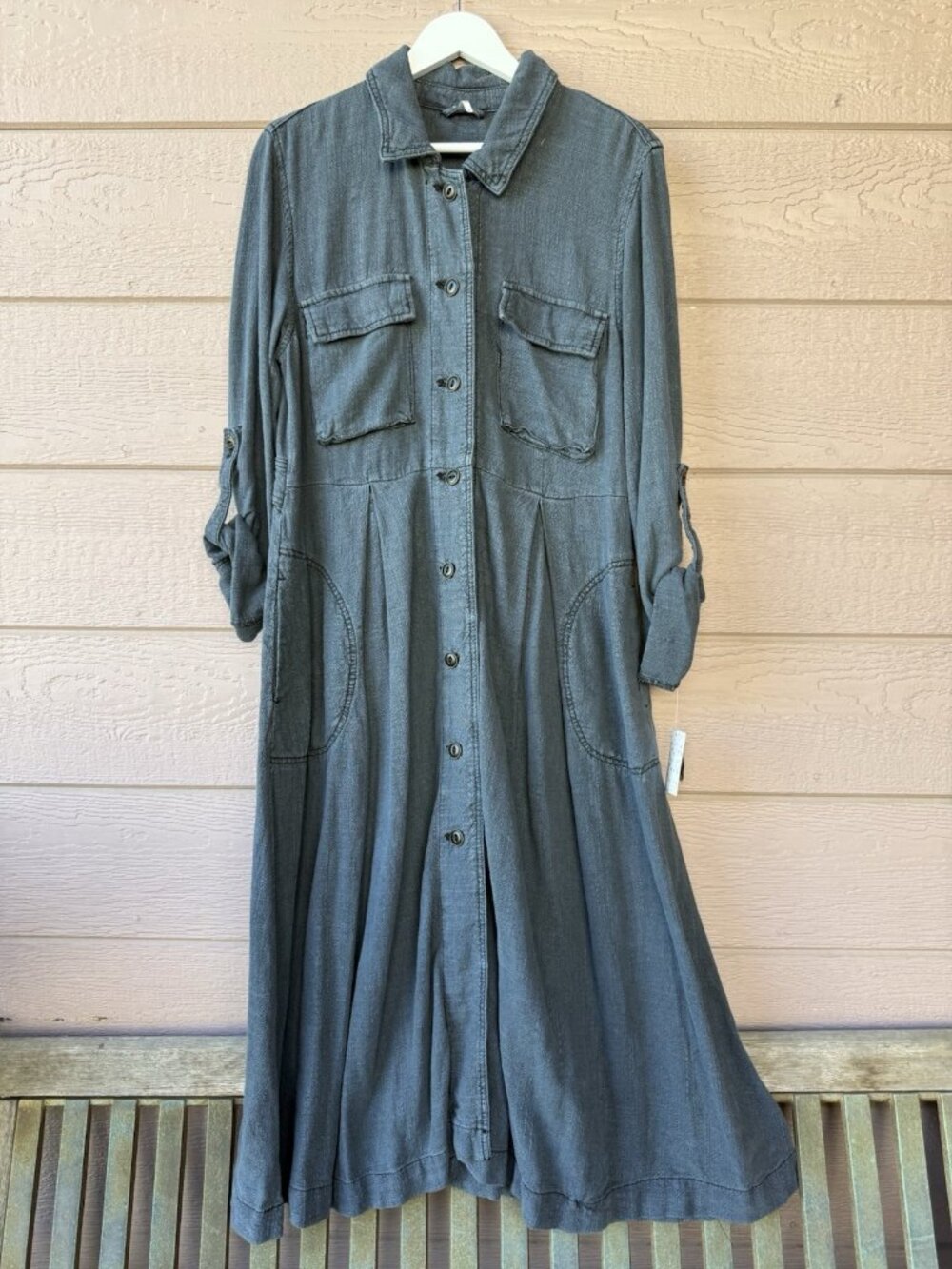 Free People Women’s Size M Duster Coat Dress Long Blue Button Front Boho - Picture 4 of 13